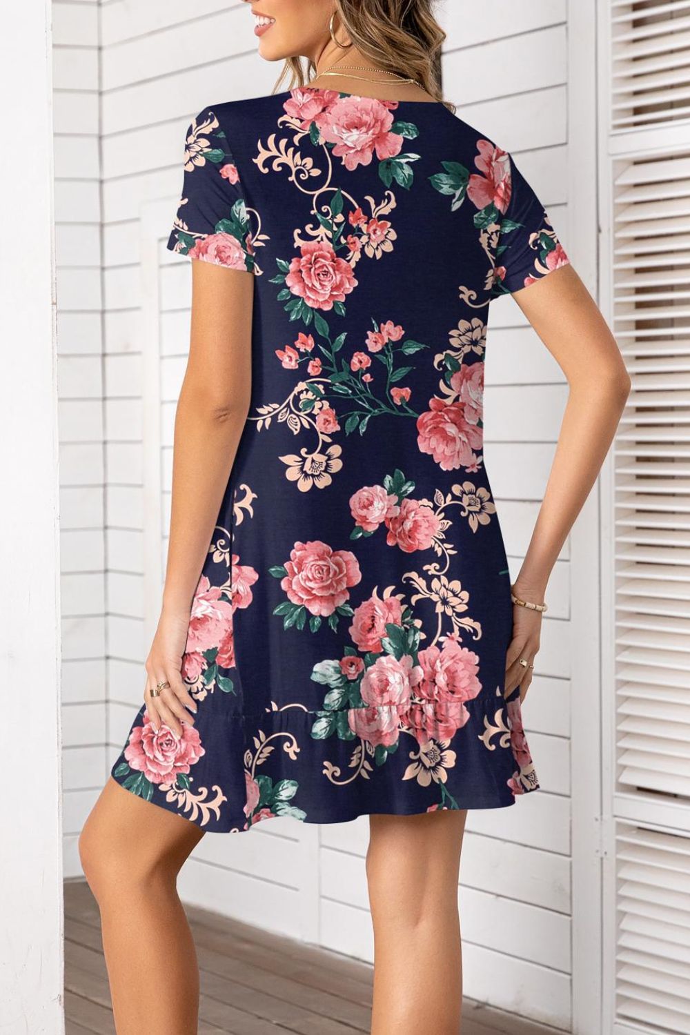 Printed Round Neck Short Sleeve Mini Dress with Pockets