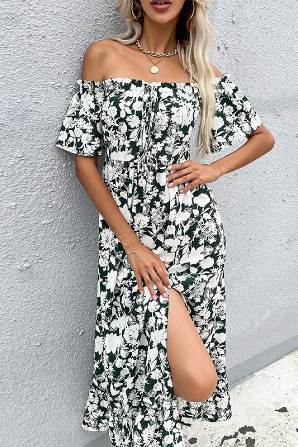 Floral Slit Off-Shoulder Midi Dress