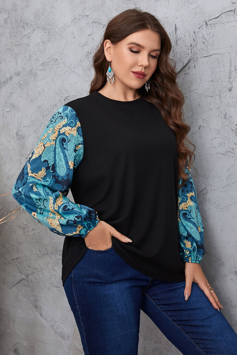 Plus Size Printed Sleeve Round Neck Blouse