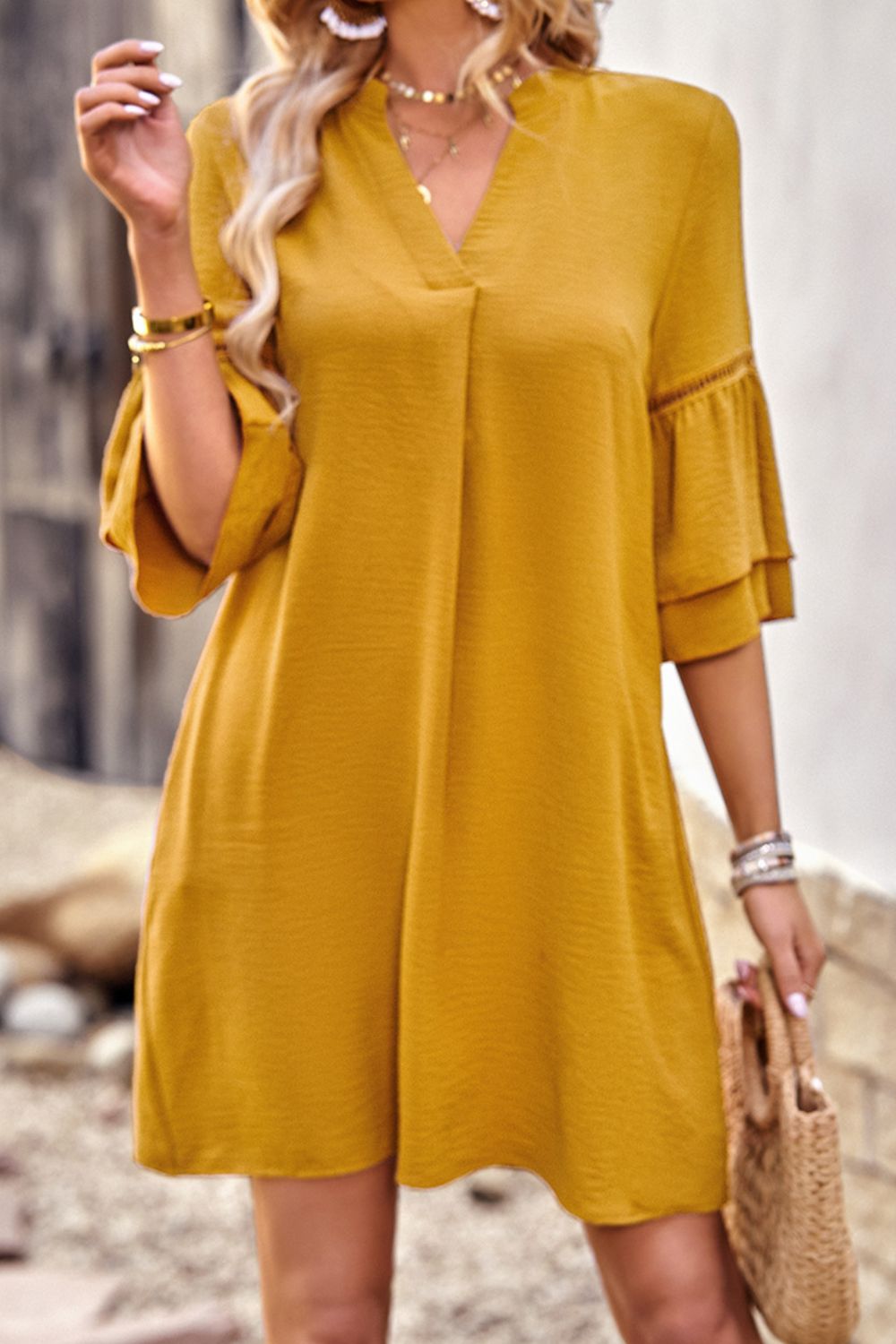 Notched Neck Flare Sleeve Pocket Dress