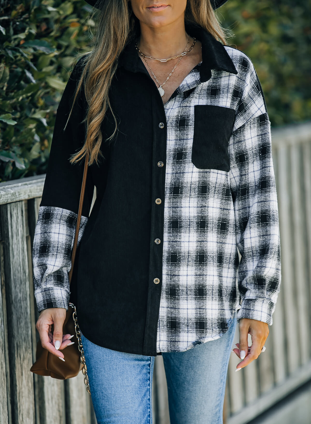 Plaid Color Block Dropped Shoulder Corduroy Shacket