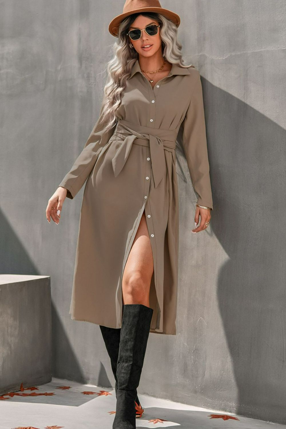 Collared Neck Tie Waist Midi Shirt Dress