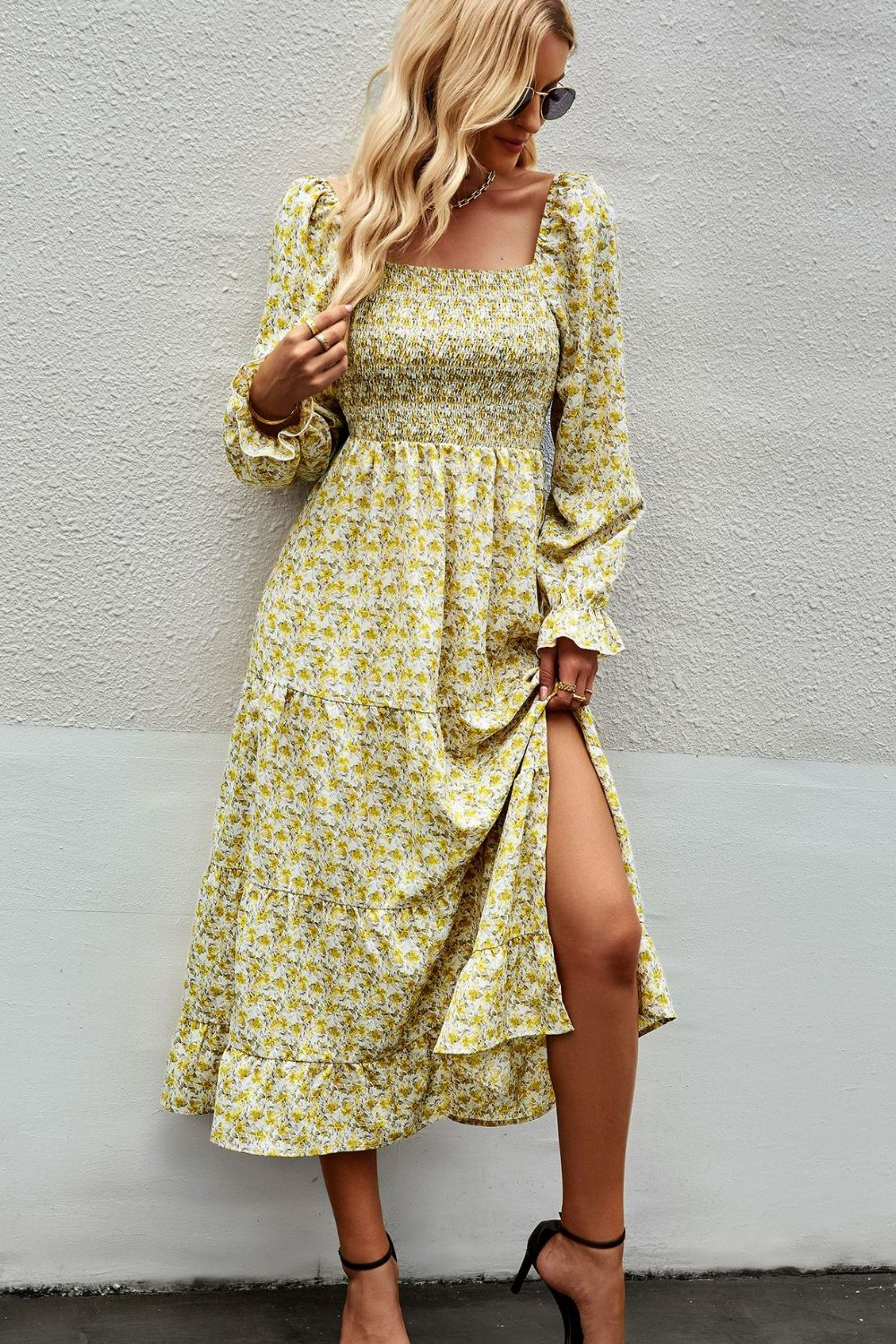 Floral Smocked Square Neck Slit Midi Dress