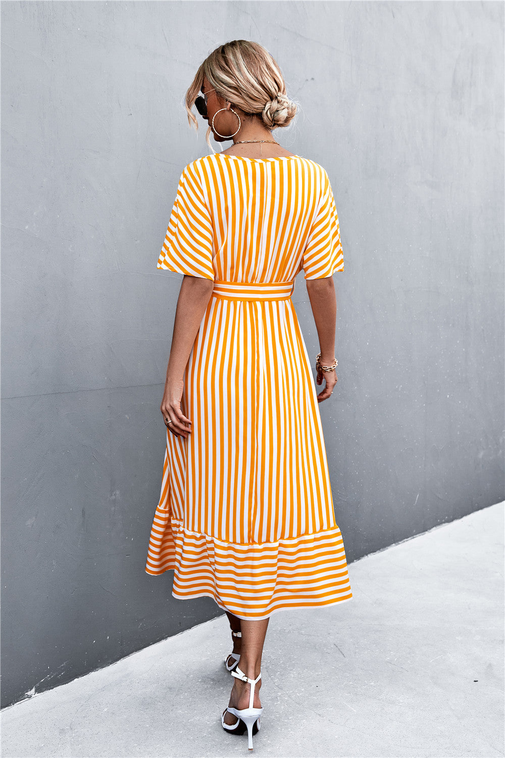 Striped Tie Belt Midi Dress