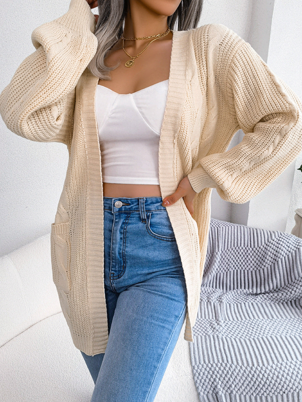 Cable-Knit Open Front Pocketed Cardigan