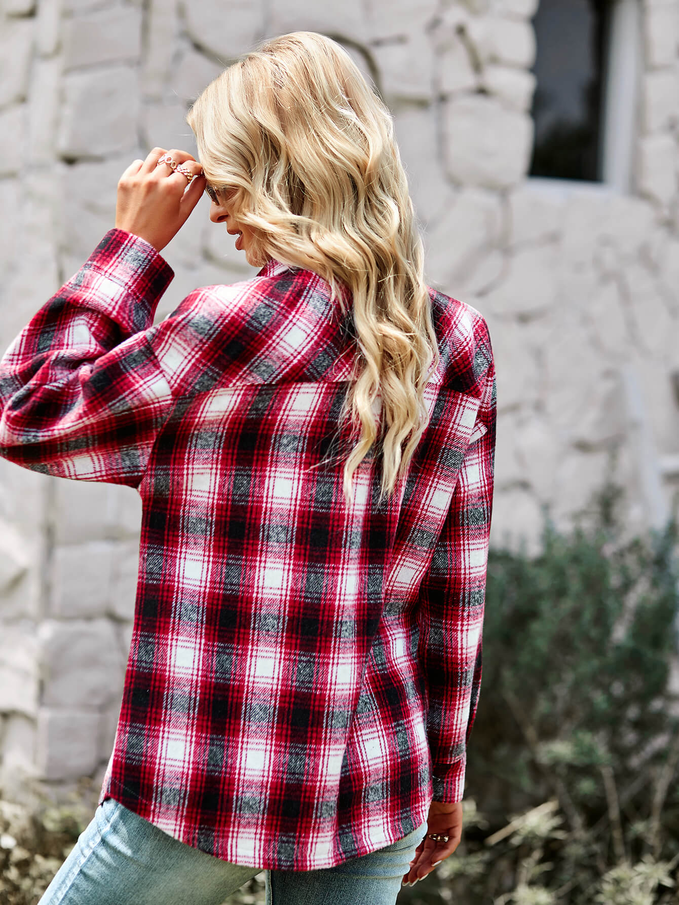 Plaid Button Front Curved Hem Shirt Jacket