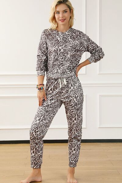 Leopard Round Neck Top and Drawstring Pants Lounge Set