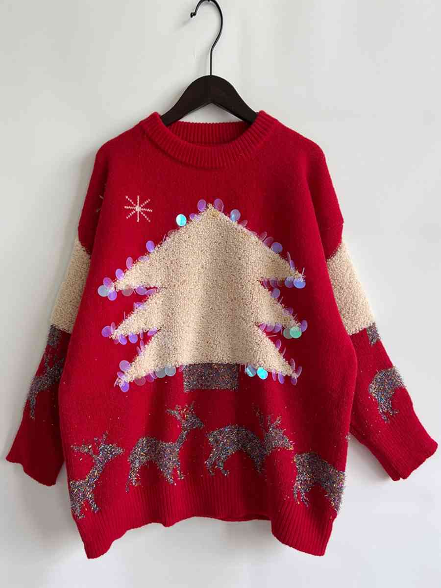 Sequin Christmas Tree & Reindeer Round Neck Sweater