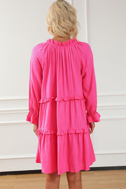 Tie Neck Flounce Sleeve Tiered Dress