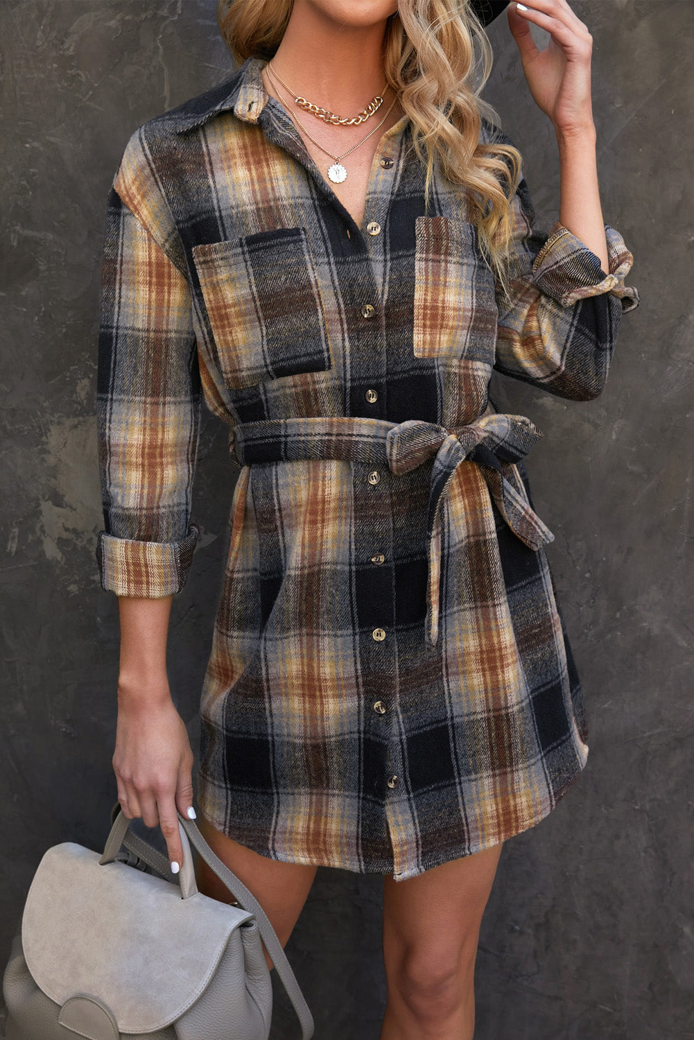 Plaid Tie Waist Button Down Shirt Dress