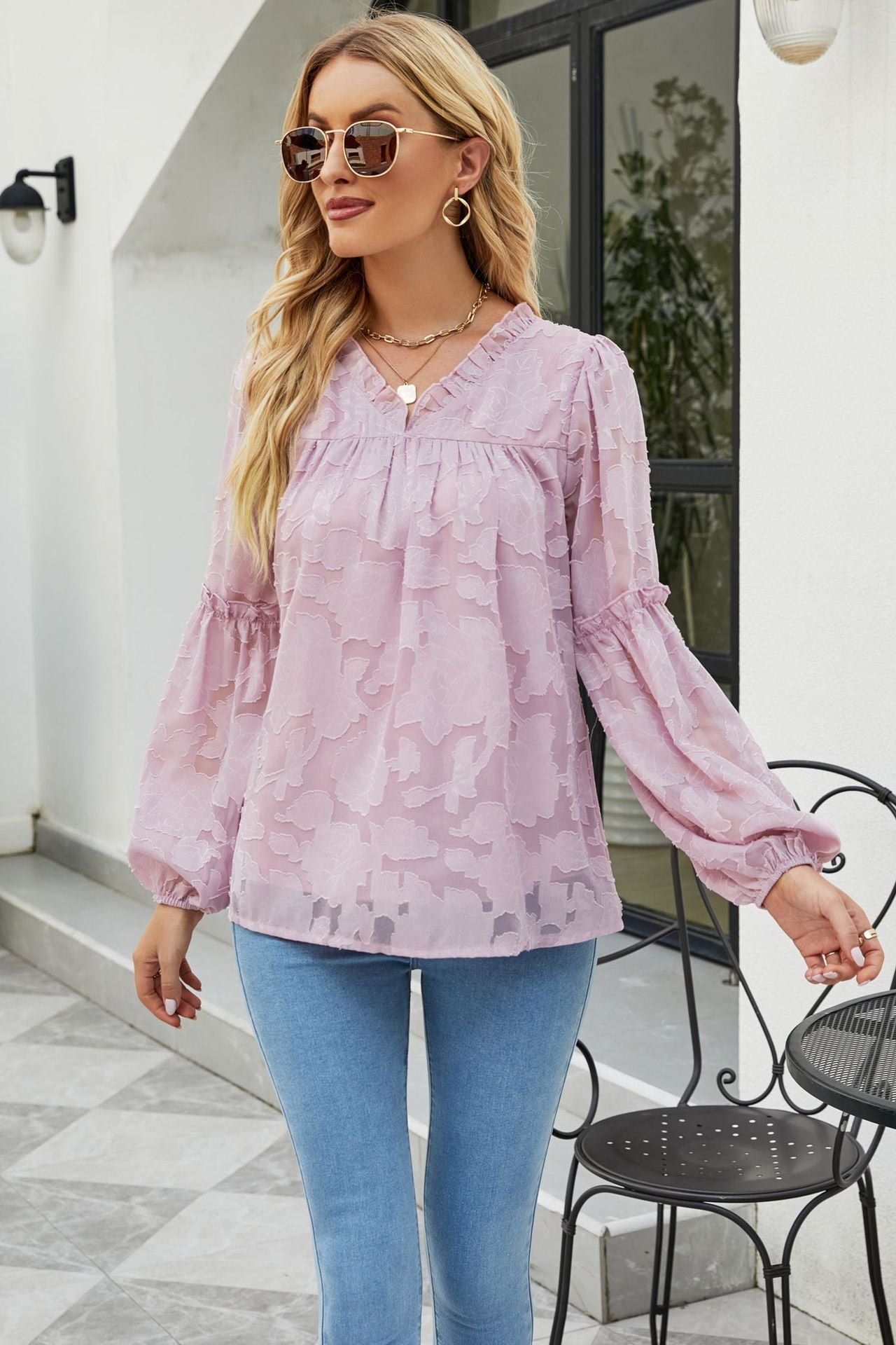 Applique Frill Trim Gathered Detail Blouse