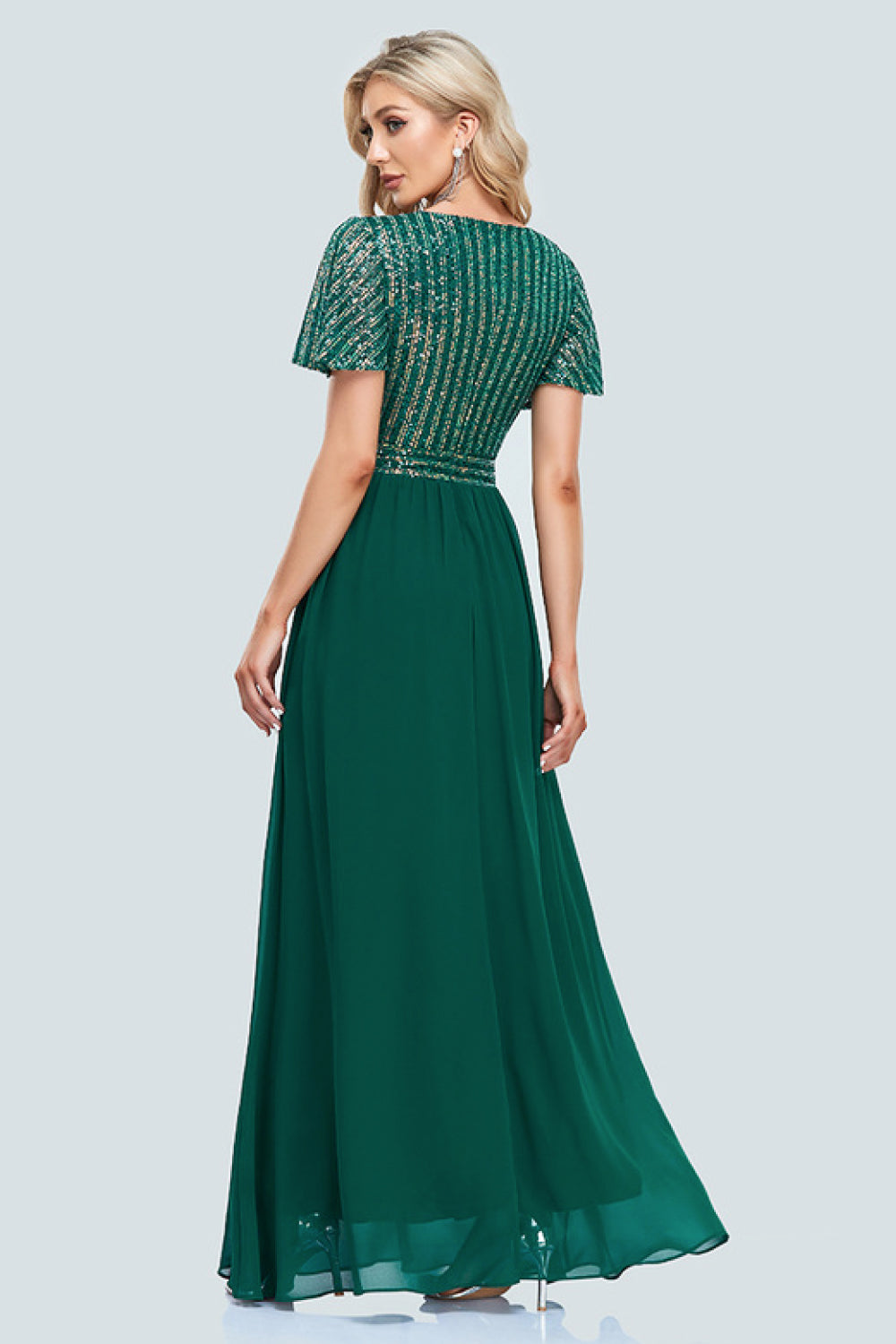 Sequin Flutter Sleeve Surplice Spliced Formal Dress