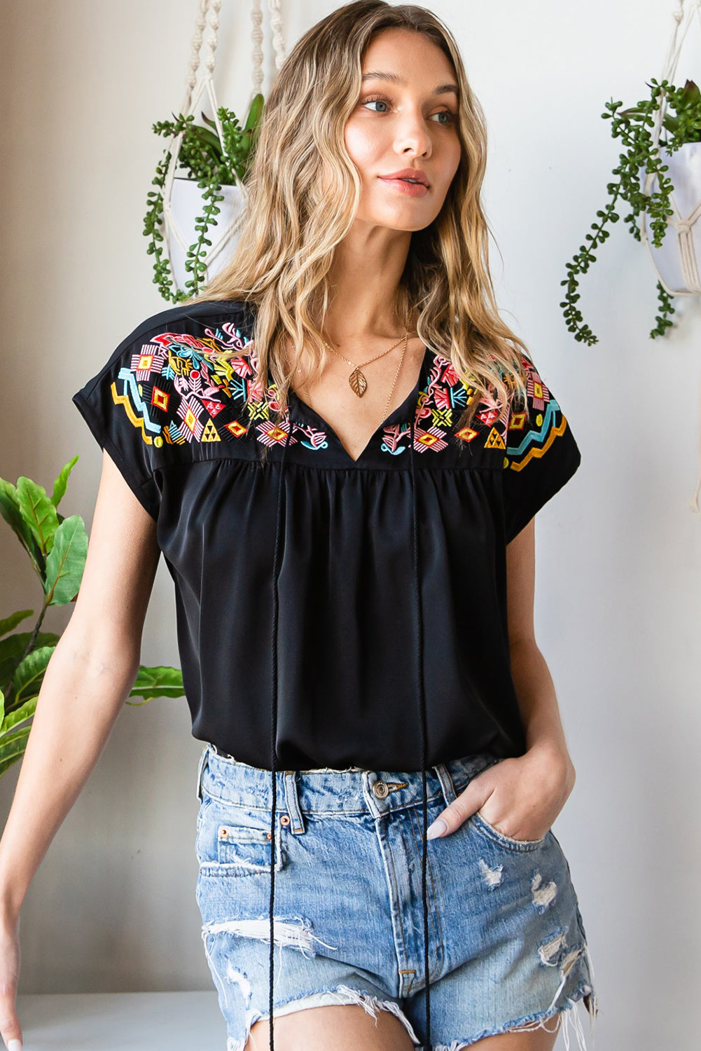 Embroidered Tie-Neck Tassel Blouse