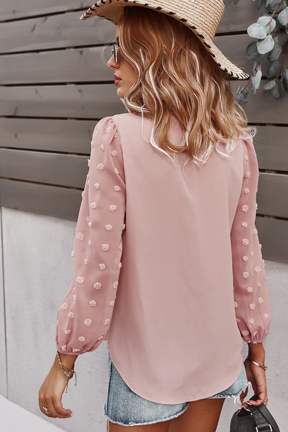 Swiss Dot Puff Sleeves V-Neck Blouse