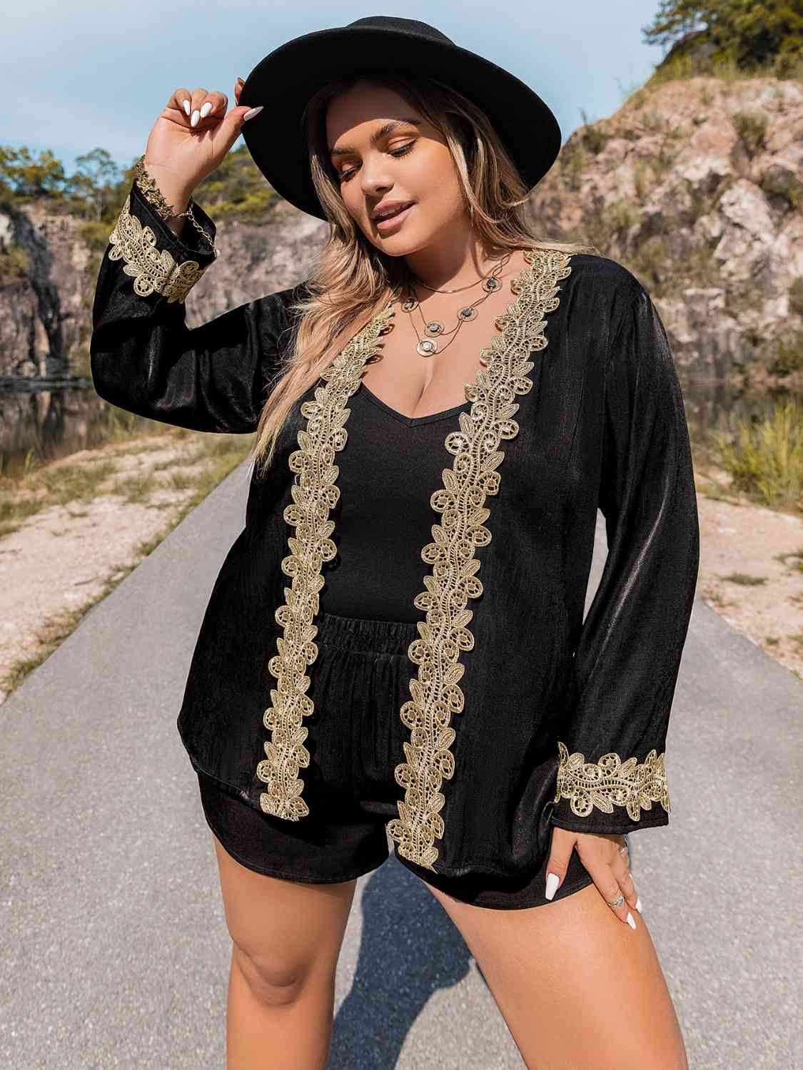 Plus Size Contrast Long Sleeve Top and Shorts Set