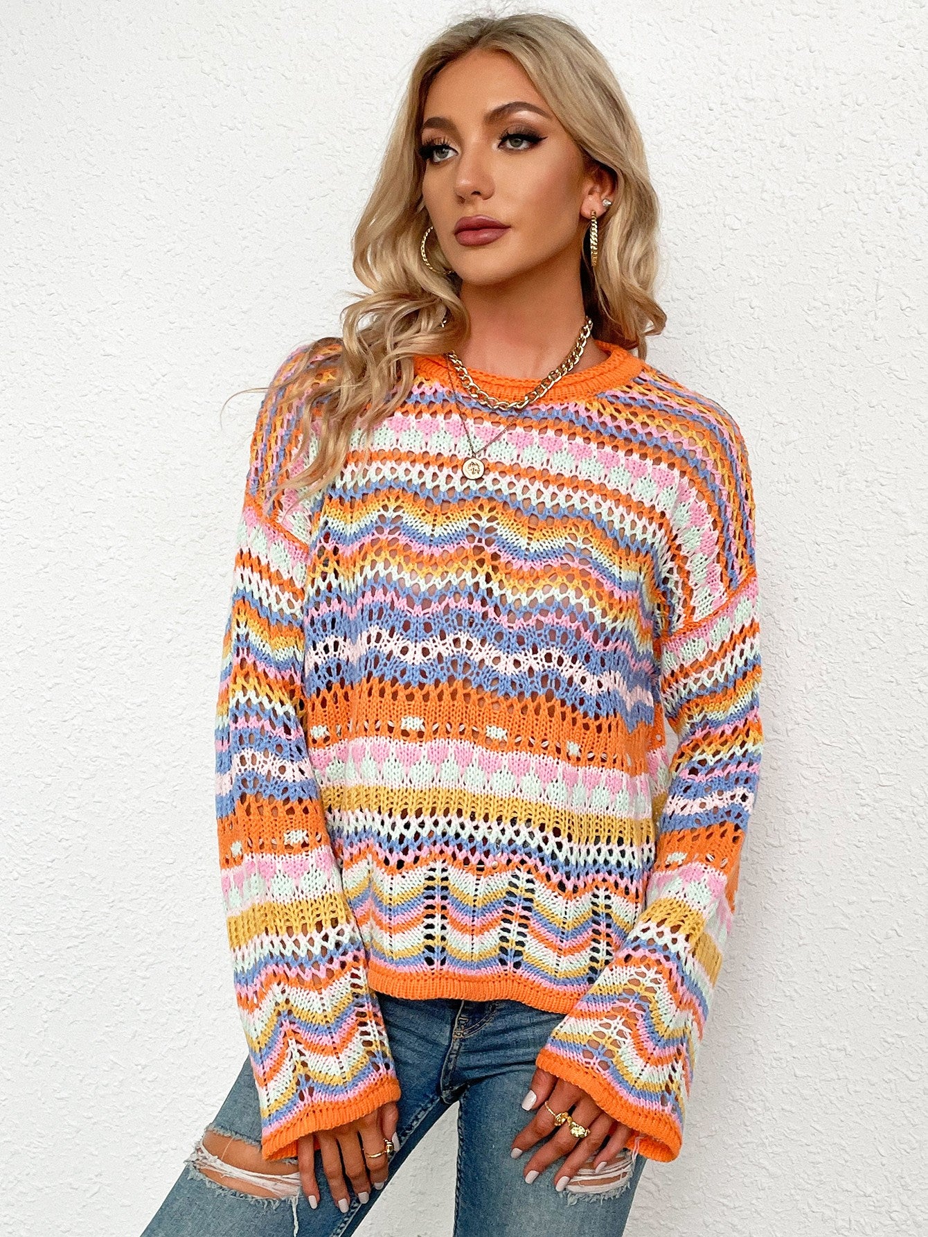 Rainbow Stripe Openwork Flare Sleeve Knit Top