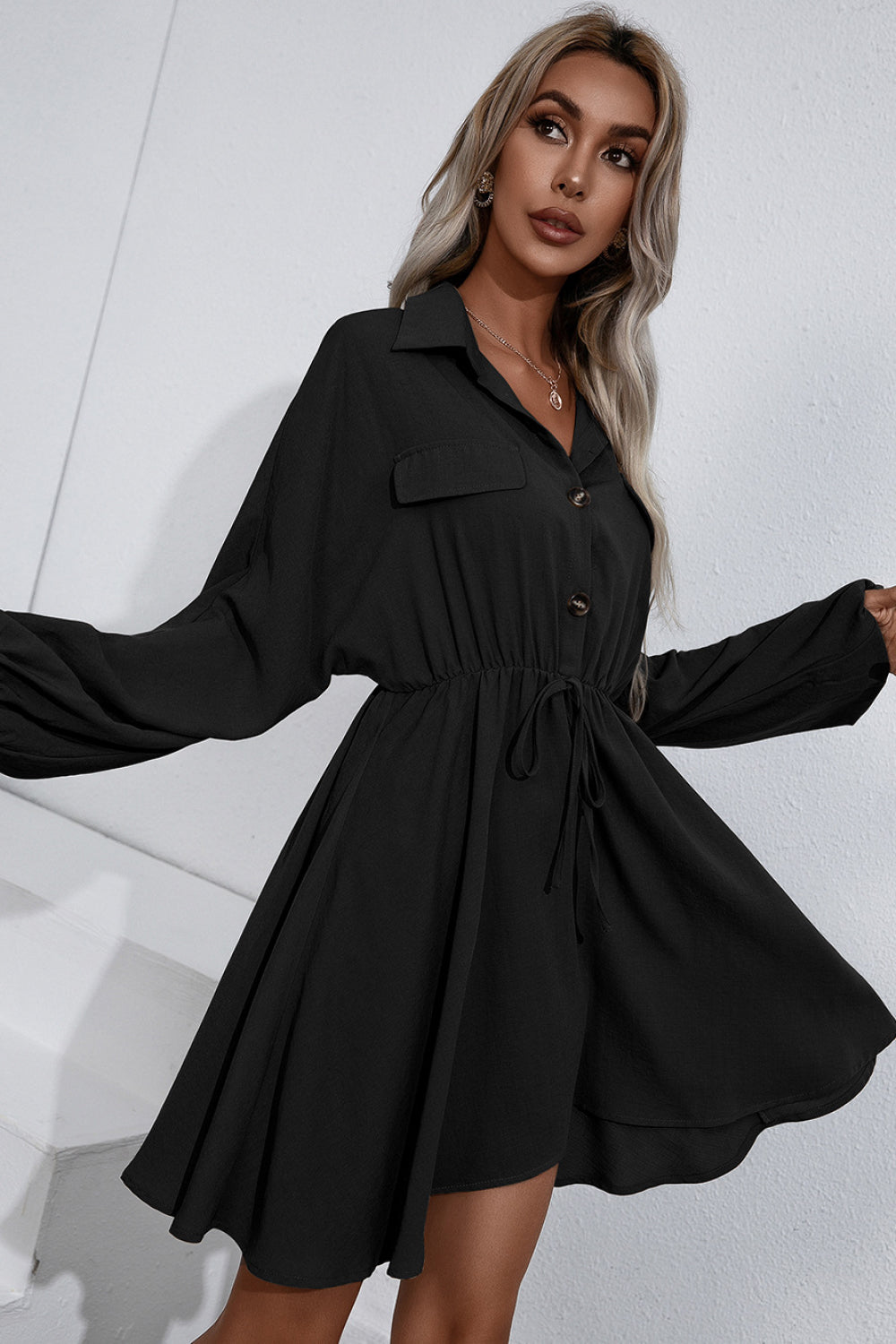 Collared Tie Waist Button Up Shirt Dress