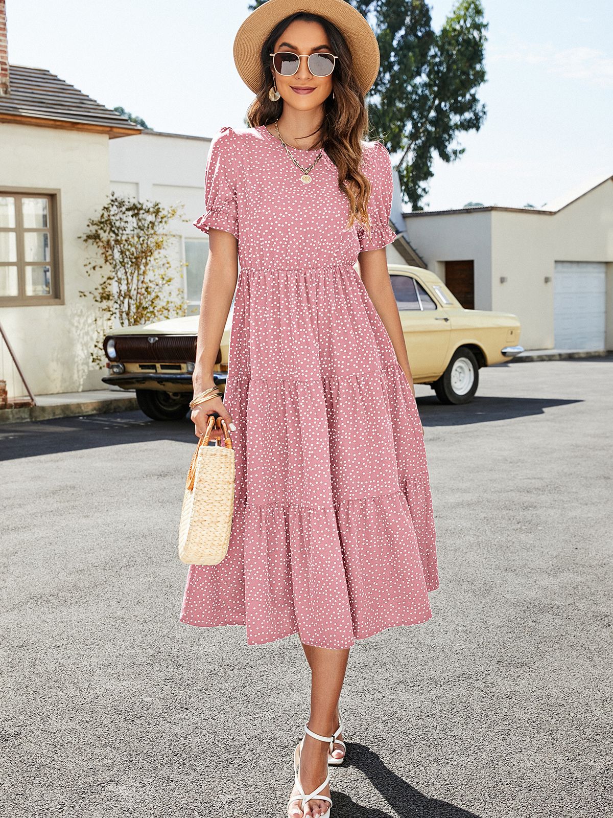 Polka Dot Short Flounce Sleeve Tiered Midi Dress