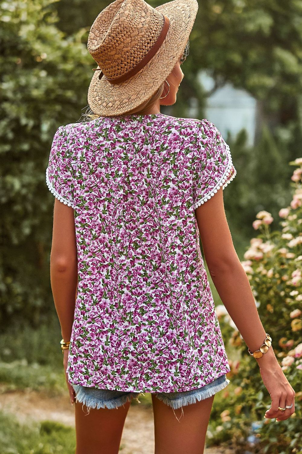 Floral Petal Sleeve Notched Blouse