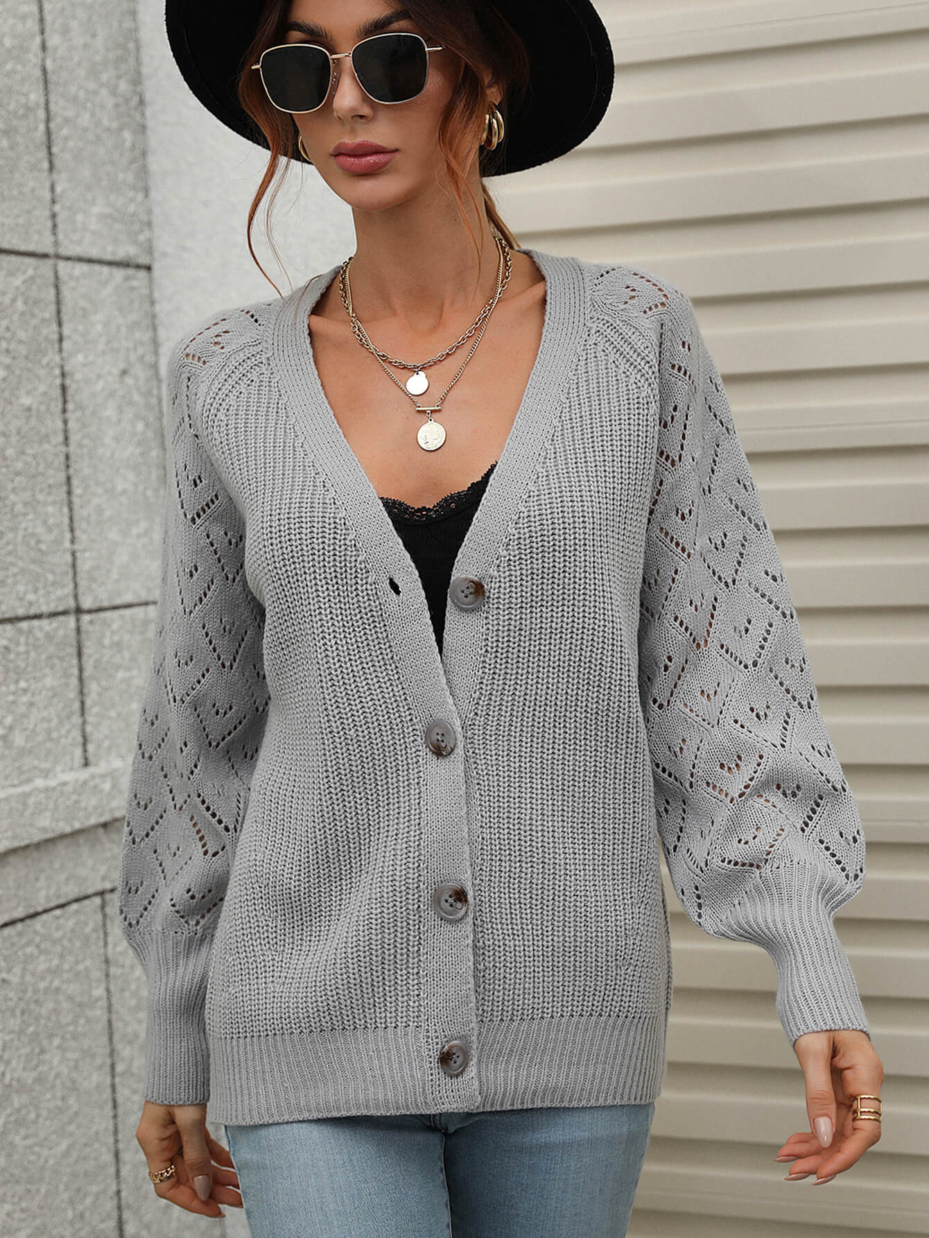 Rib-Knit Plunge Raglan Sleeve Cardigan