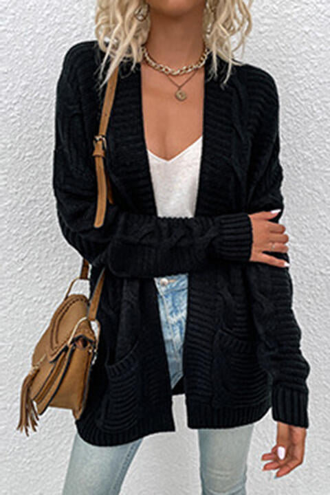 Cable-Knit Open Front Cardigan with Pockets