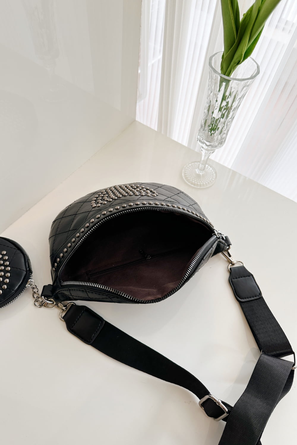 Studded PU Leather Sling Bag with Small Purse