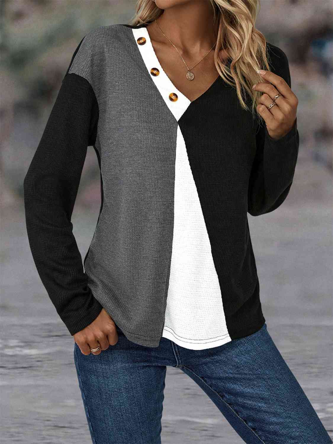 Color Block Decorative Button V-Neck Top