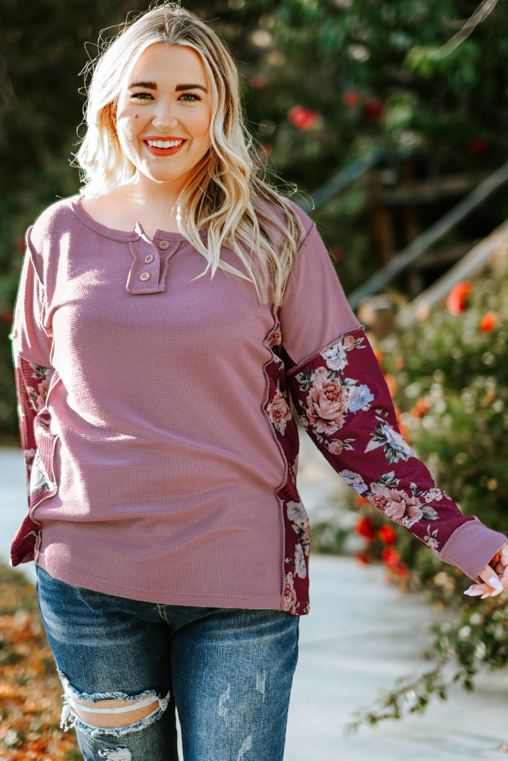 Plus Size Floral Exposed Seam Quarter-Button Henley Top