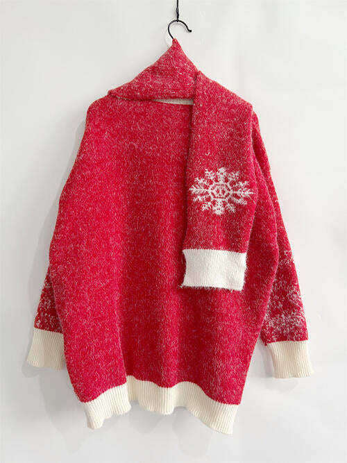 Christmas Element Round Neck Sweater and Scarf Set