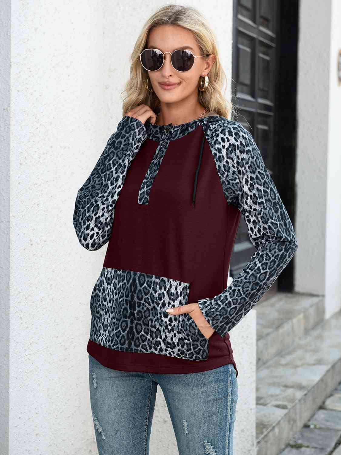 Leopard Drawstring Half Button Hoodie