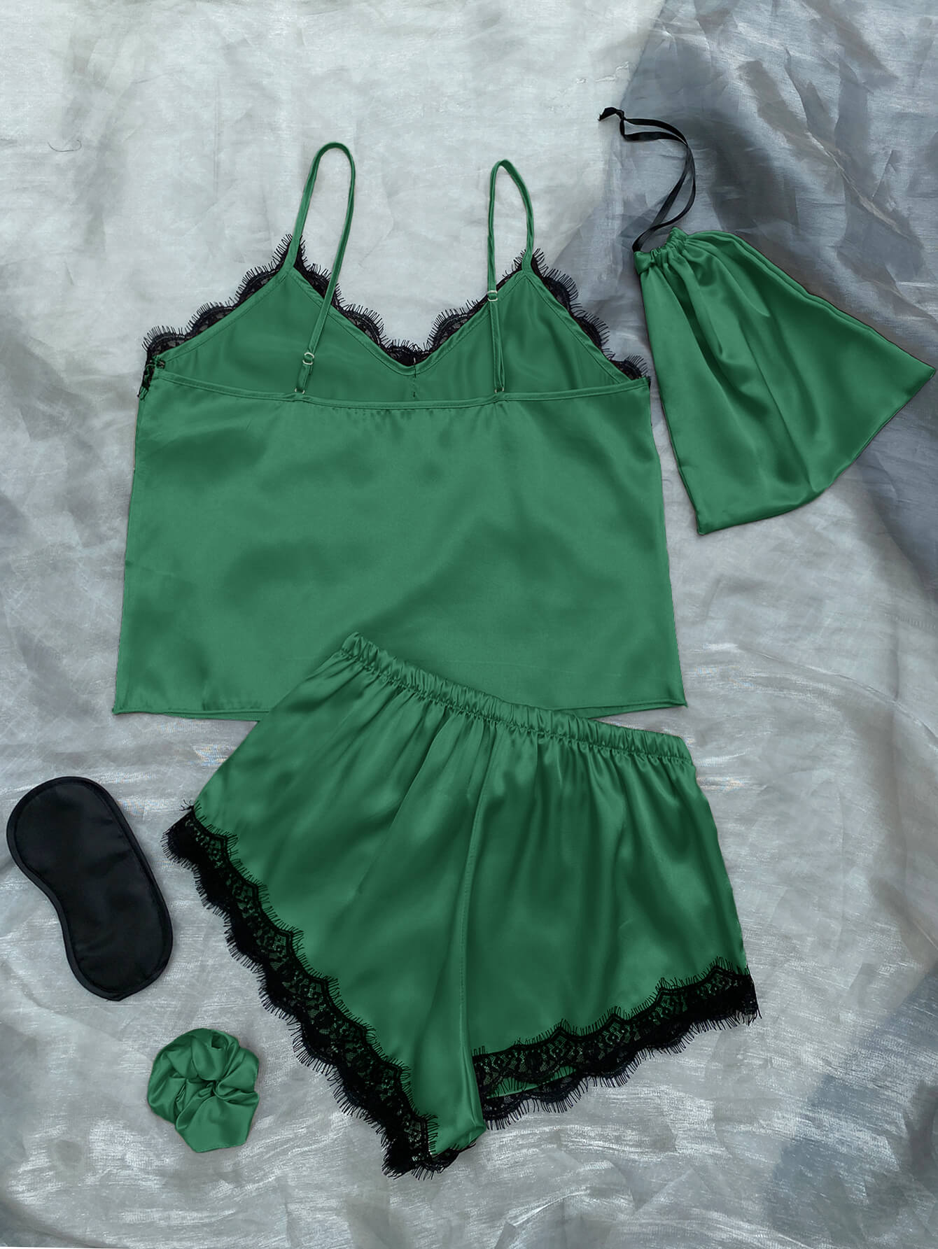 Lace Trim Cami, Shorts, Eye Mask, Scrunchie, and Bag Pajama Set