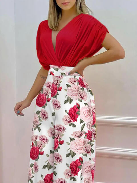 Printed Surplice Top and Wide Leg Pants Set