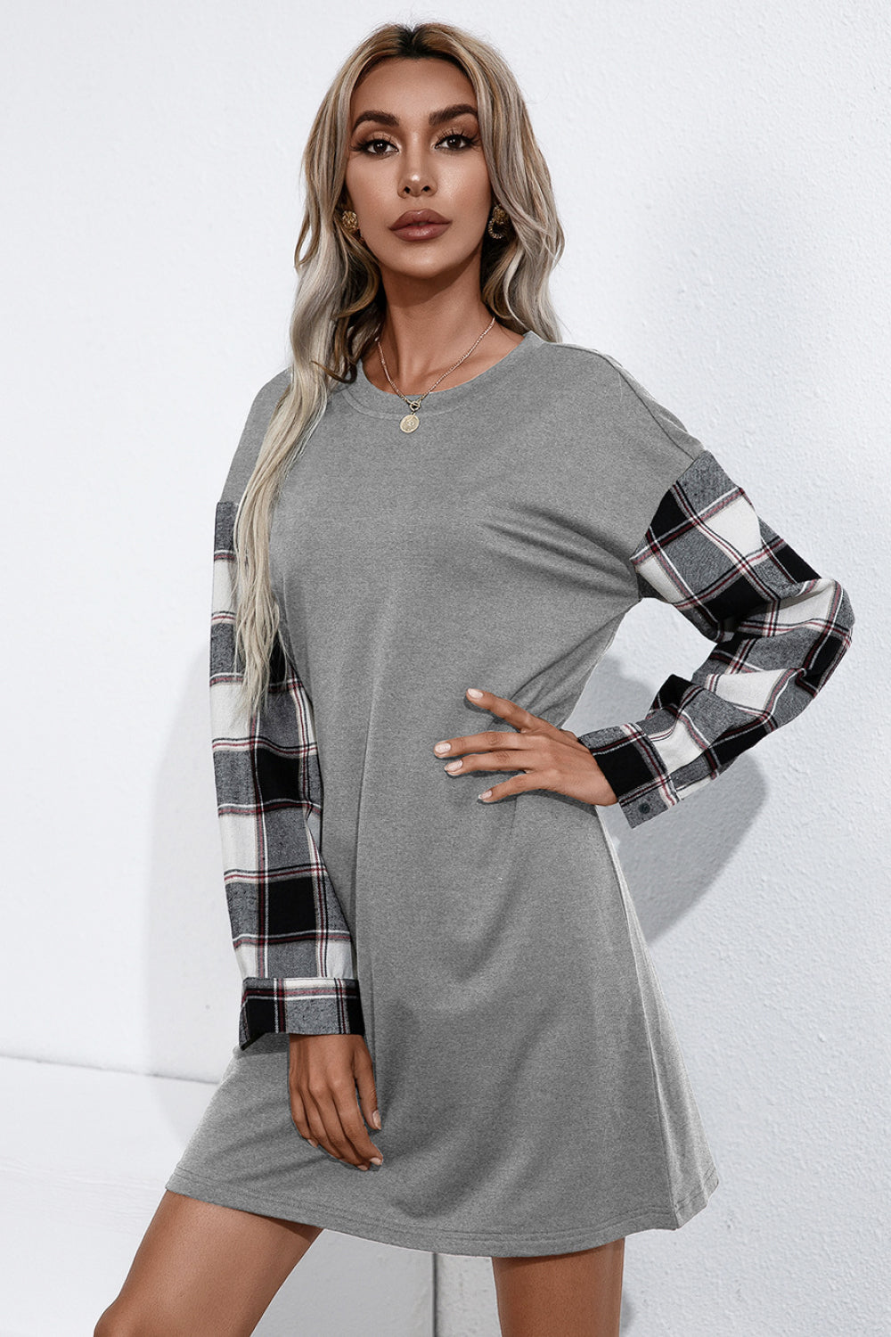 Plaid Sleeve Contrast T-Shirt Dress