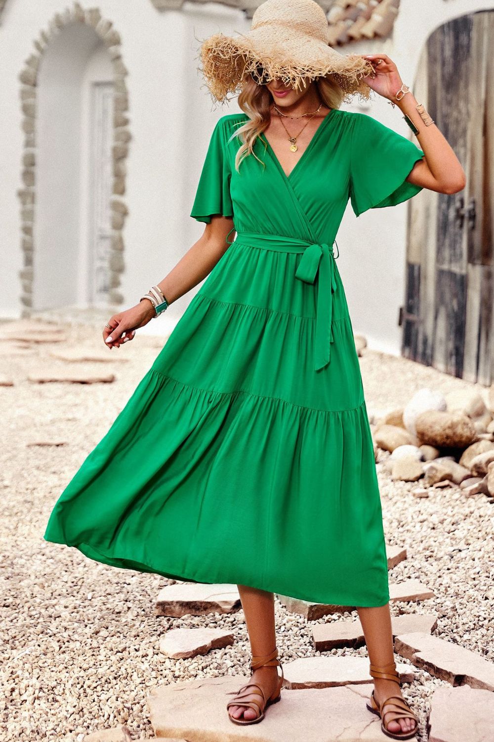 Belted Flutter Sleeve Tiered Surplice Dress