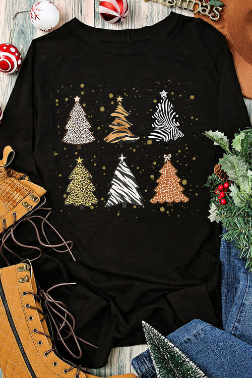 Christmas Tree Graphic Round Neck Long Sleeve T-Shirt