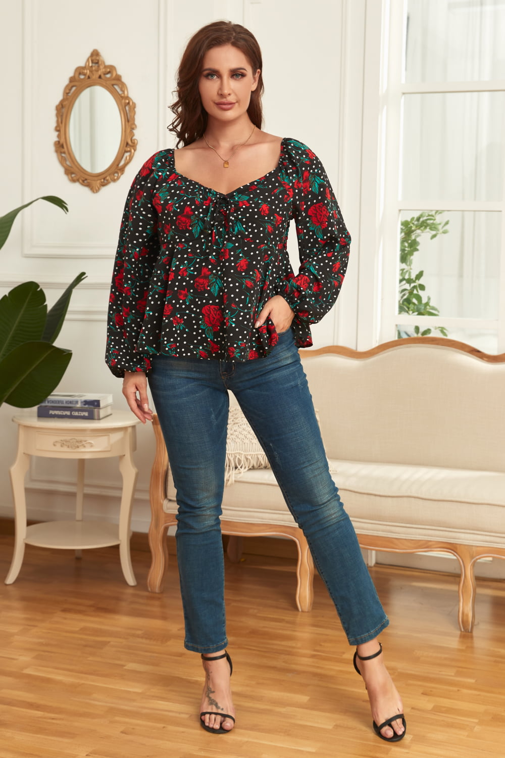 Plus Size Floral Balloon Sleeve Blouse