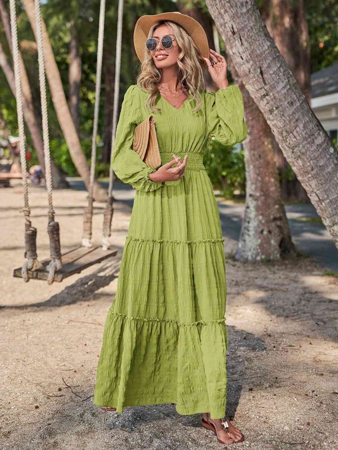 Smocked Waist V-Neck Maxi Dress