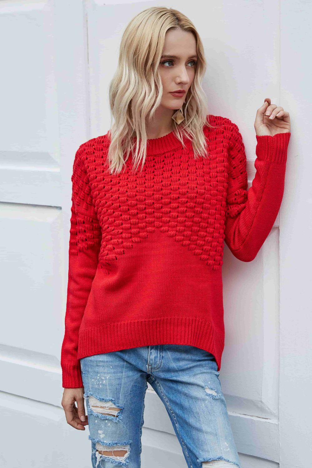 Pom-Pom Drop Shoulder Ribbed Trim Sweater