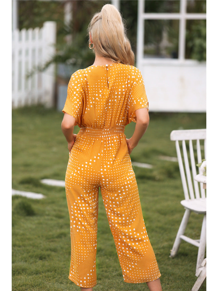 Polka Dot Surplice Neck Jumpsuit with Pockets