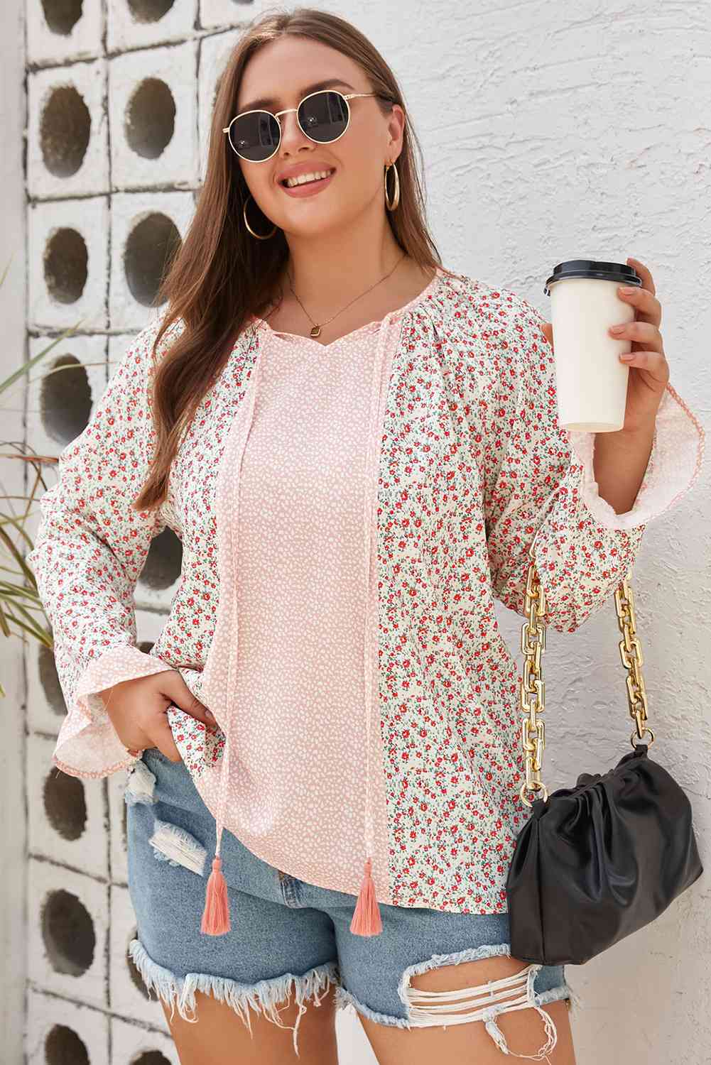 Plus Size Tassel Tie Flounce Sleeve Blouse