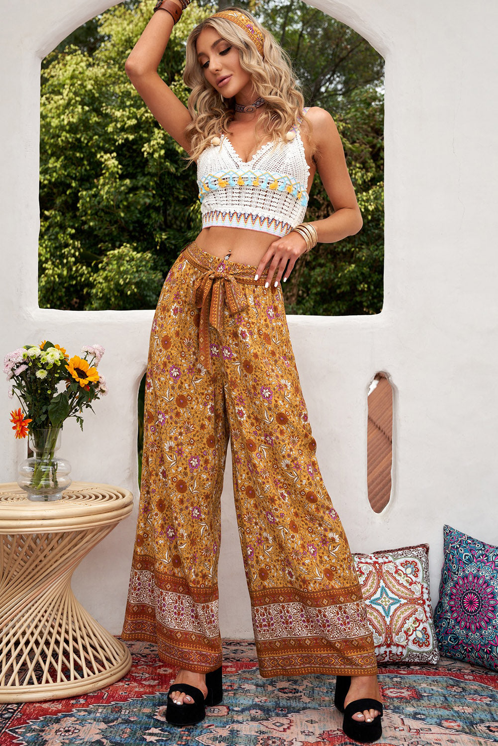 Bohemian Wide Leg Belted Pants