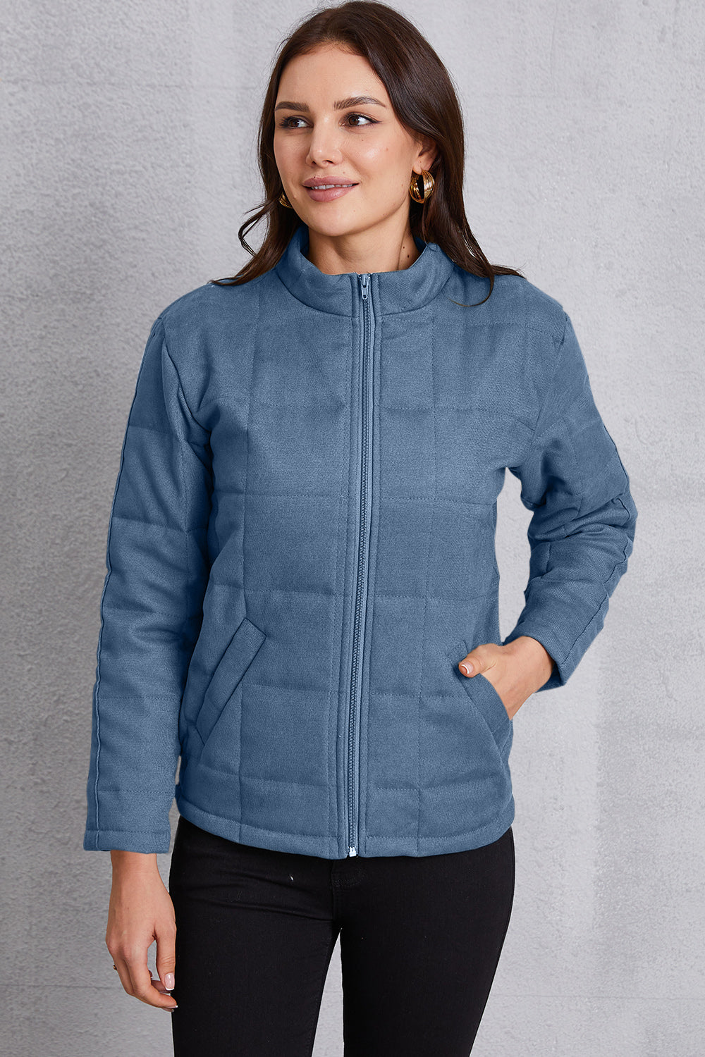 Zip Up Mock Neck Pocketed Jacket