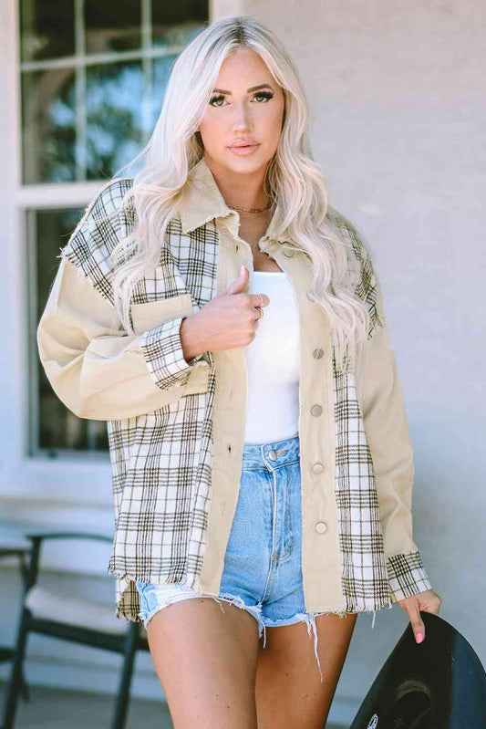 Plaid Raw Hem Button Down Jacket