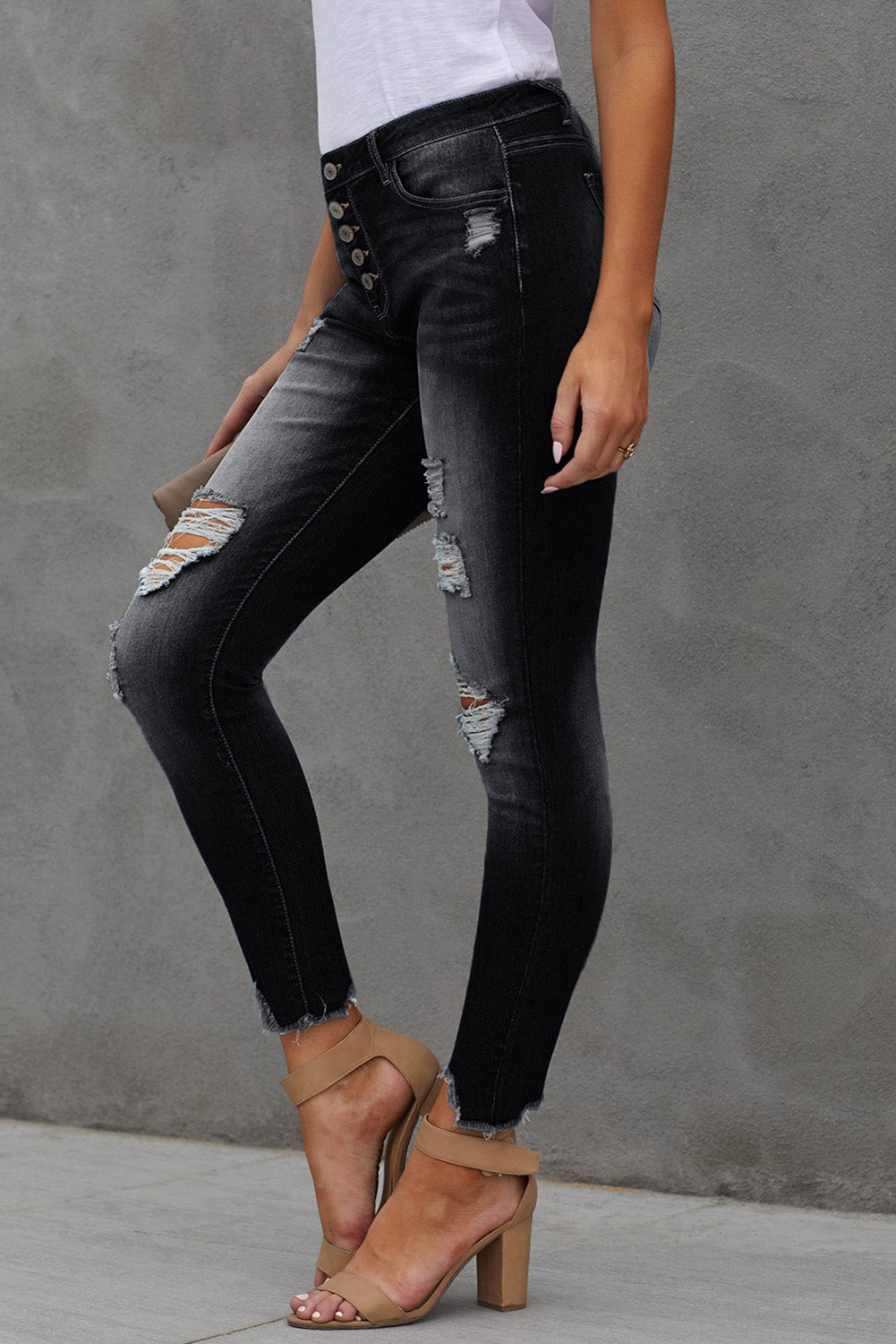 Button Fly Hem Detail Ankle-Length Skinny Jeans