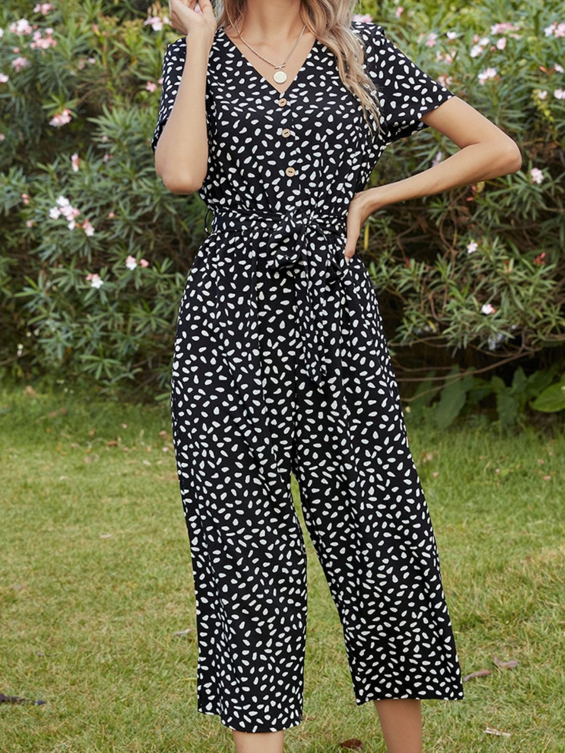 Printed V-Neck Short Sleeve Jumpsuit