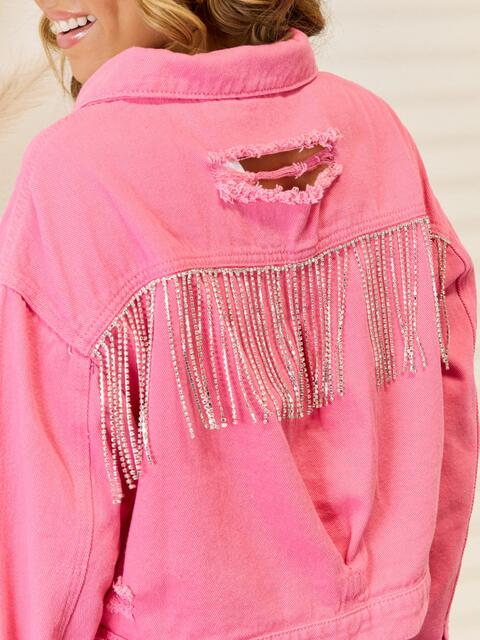 Distressed Fringe Trim Denim Jacket