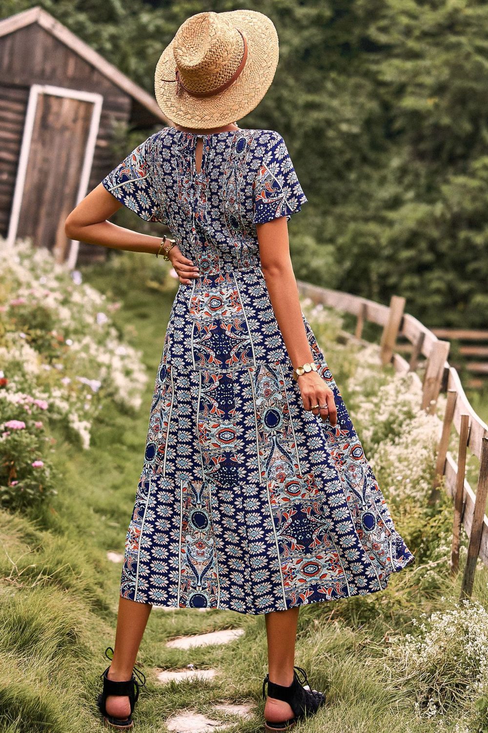 Printed Tie Back Flutter Sleeve Dress