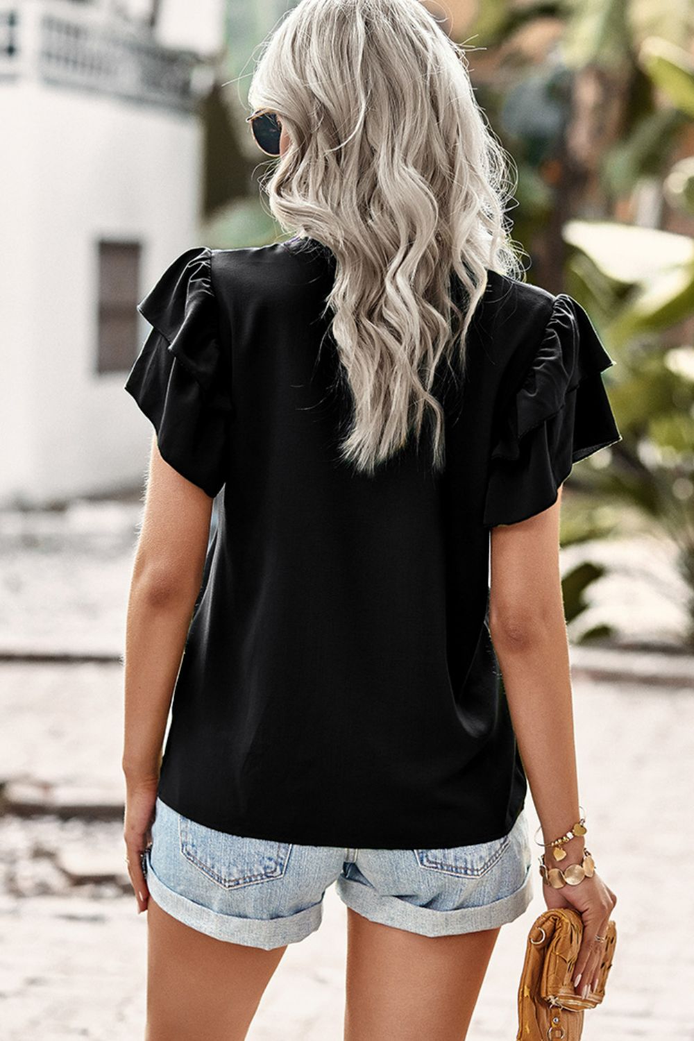 Contrast Ruffle Trim Flutter Sleeve Blouse