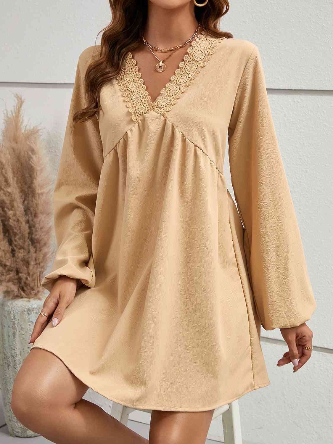 V-Neck Lace Detail Mini Dress