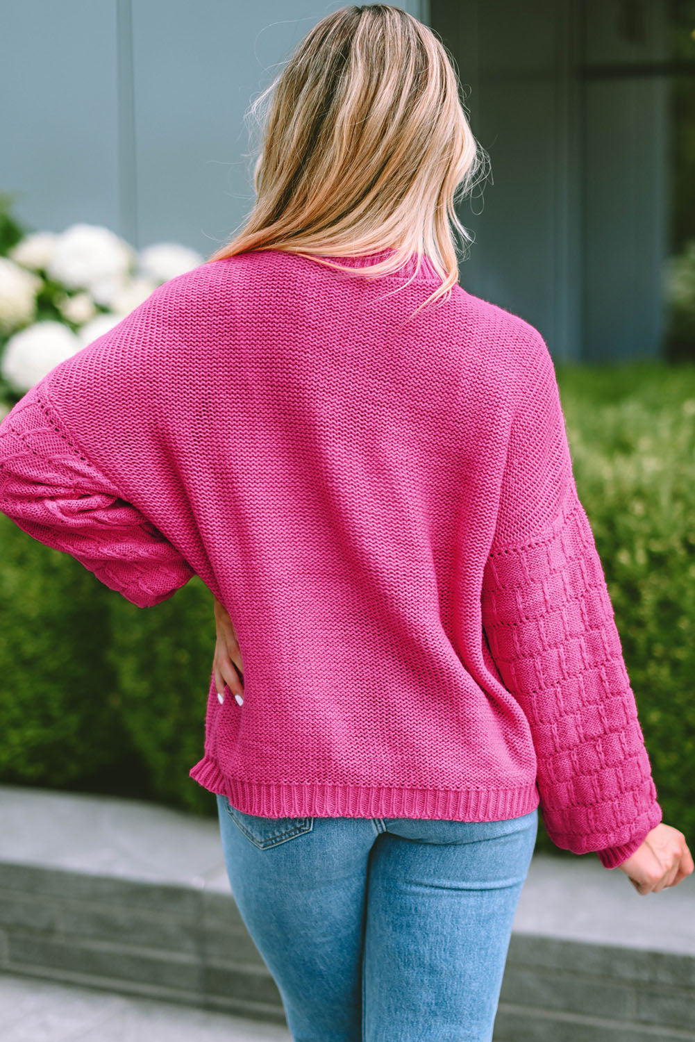 Round Neck Dropped Shoulder Waffle-Knit Sweater